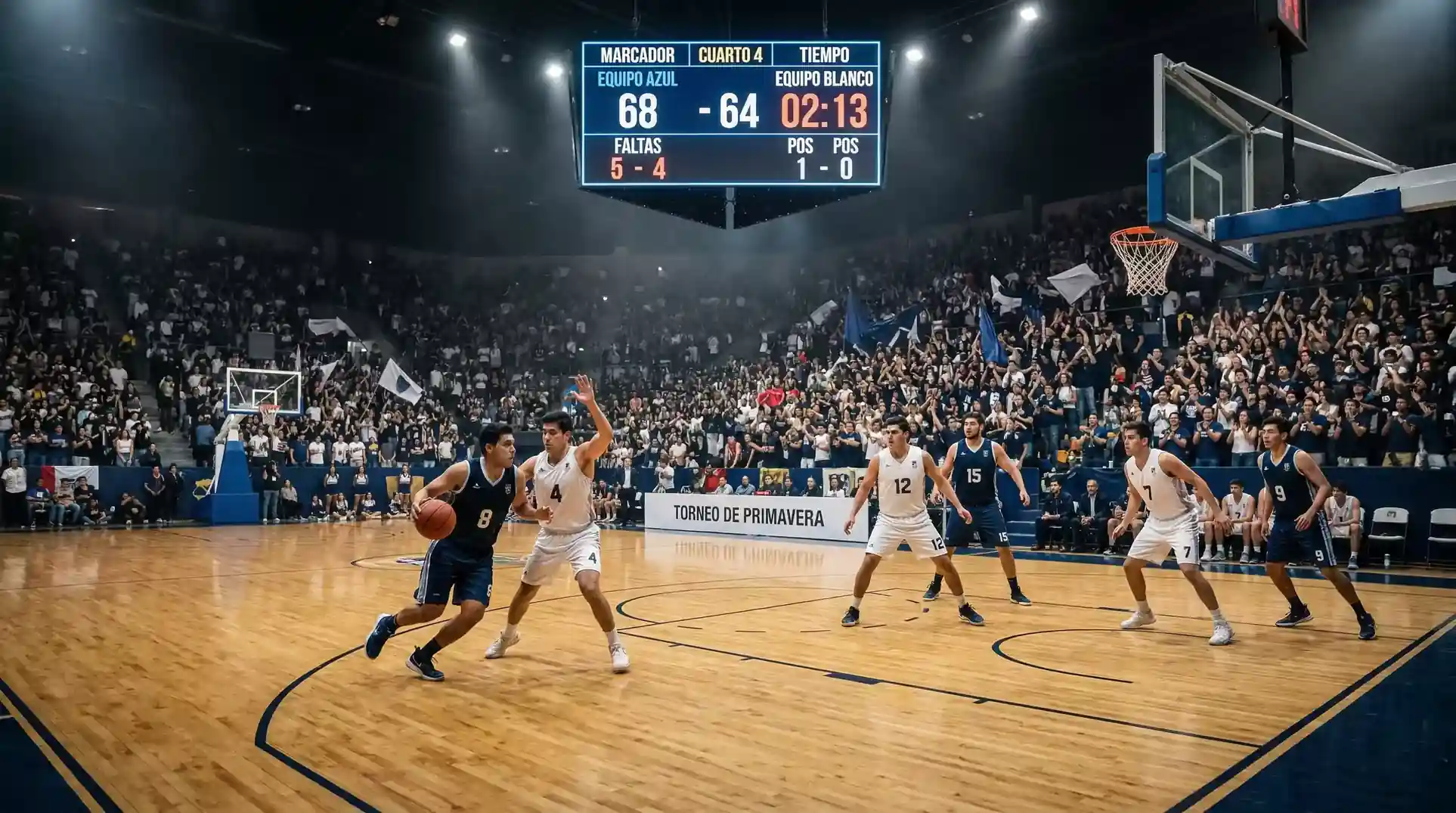 Cancha de baloncesto universitario NCAA iluminada durante un partido de March Madness con aficionados en las gradas