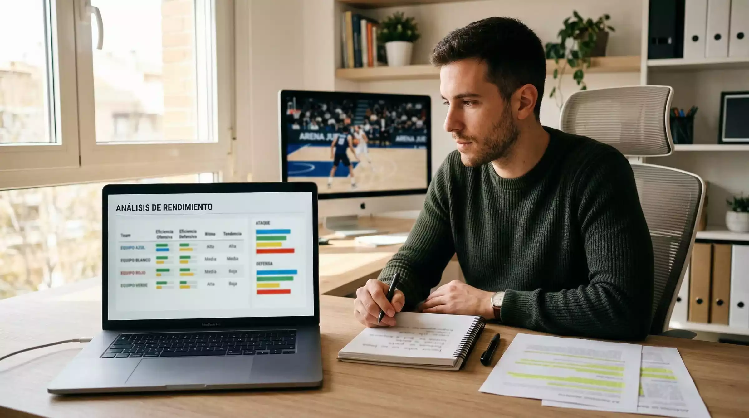 Persona analizando estadísticas de baloncesto universitario NCAA en un escritorio con documentos y gráficos