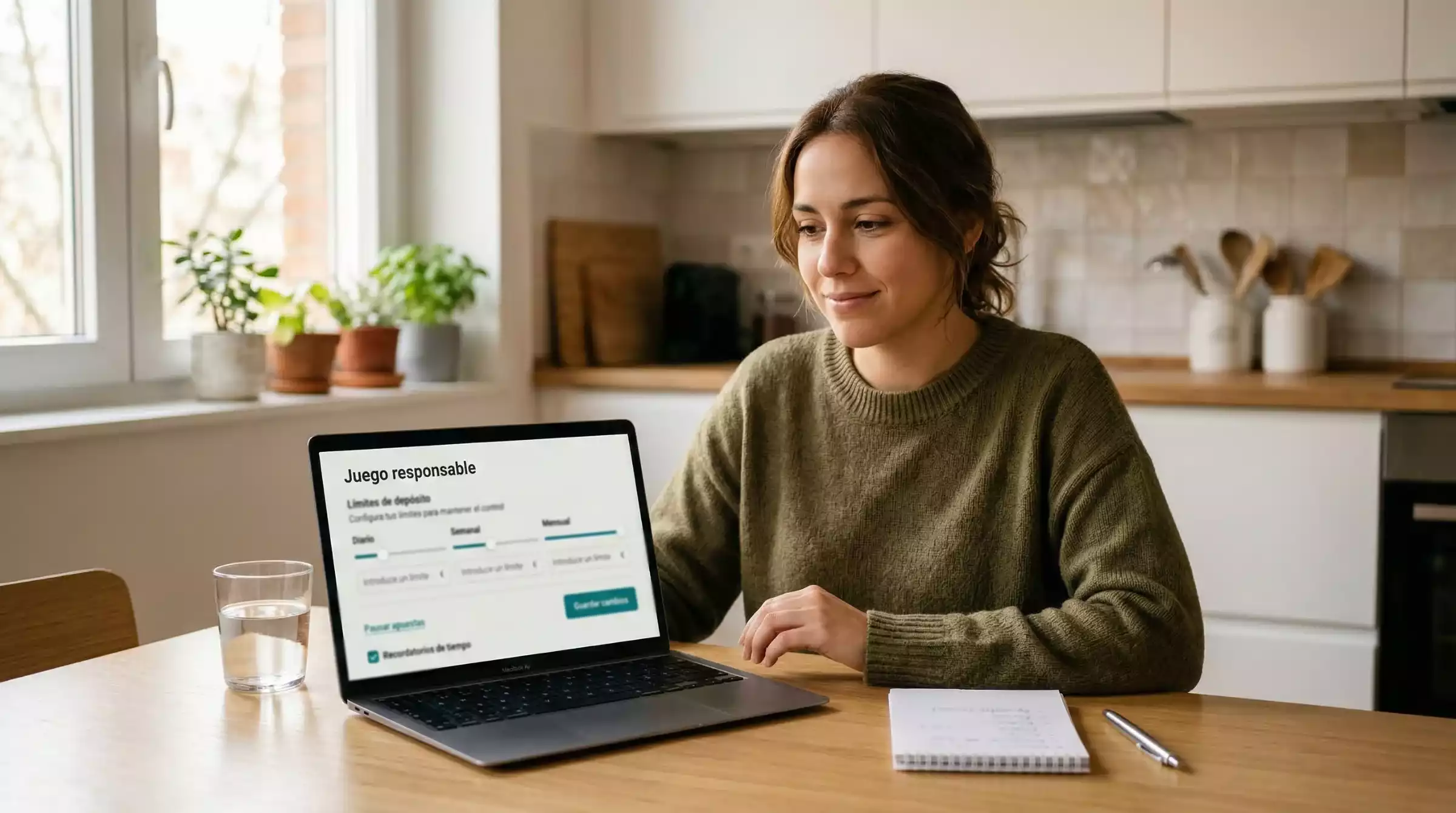 Joven estableciendo límites de apuestas en una plataforma de juego responsable en su portátil