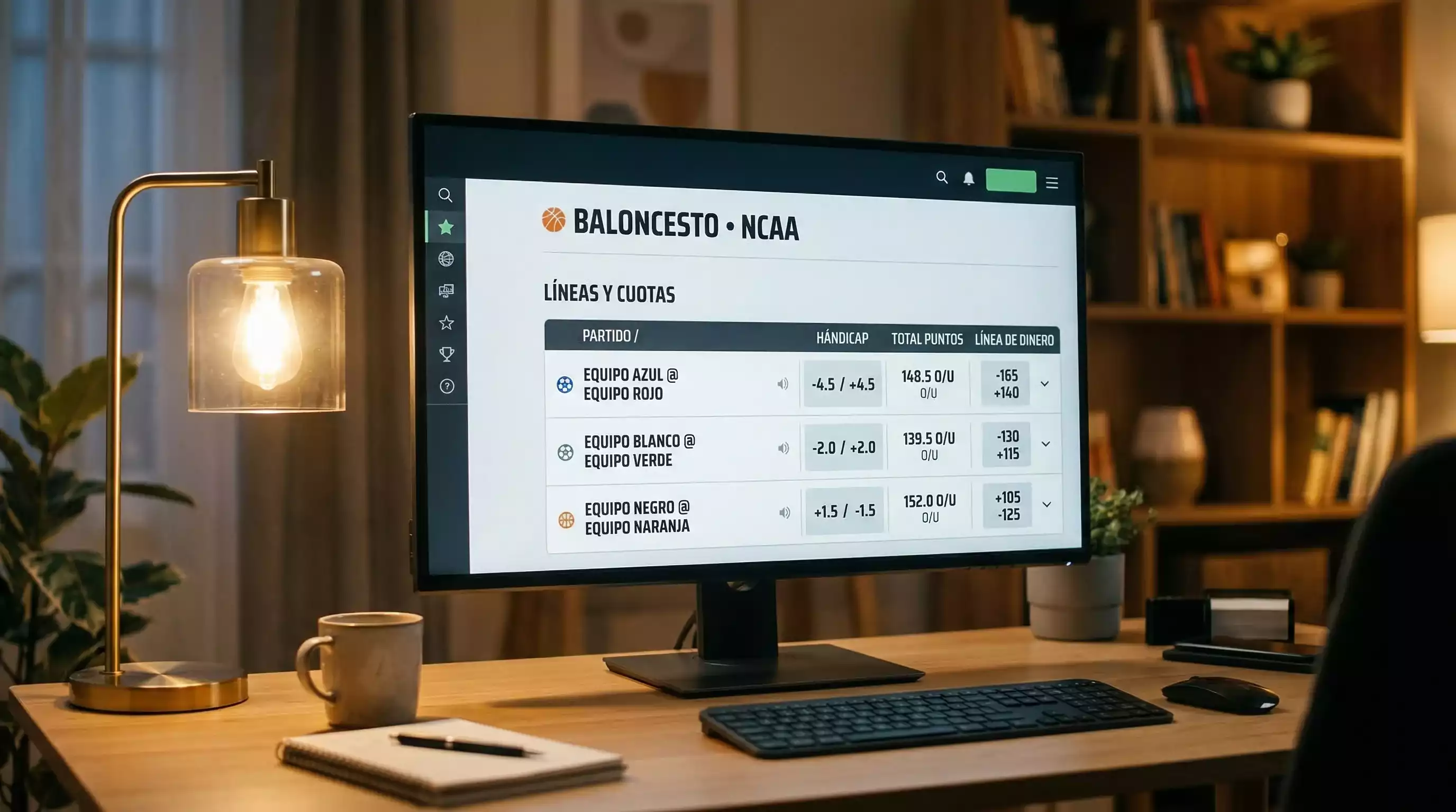 Pantalla mostrando líneas de apuestas deportivas en baloncesto universitario NCAA