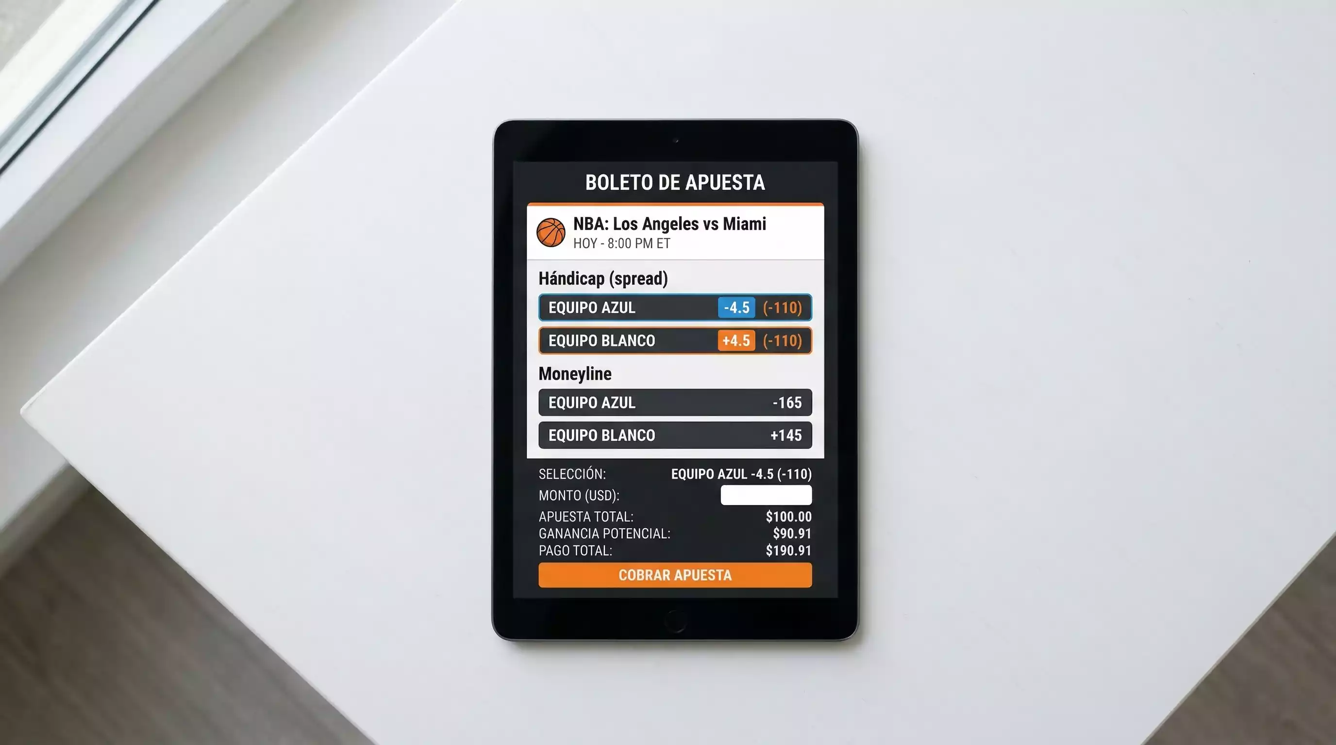 Ejemplo visual de tipos de apuestas en baloncesto NCAA incluyendo spread y moneyline